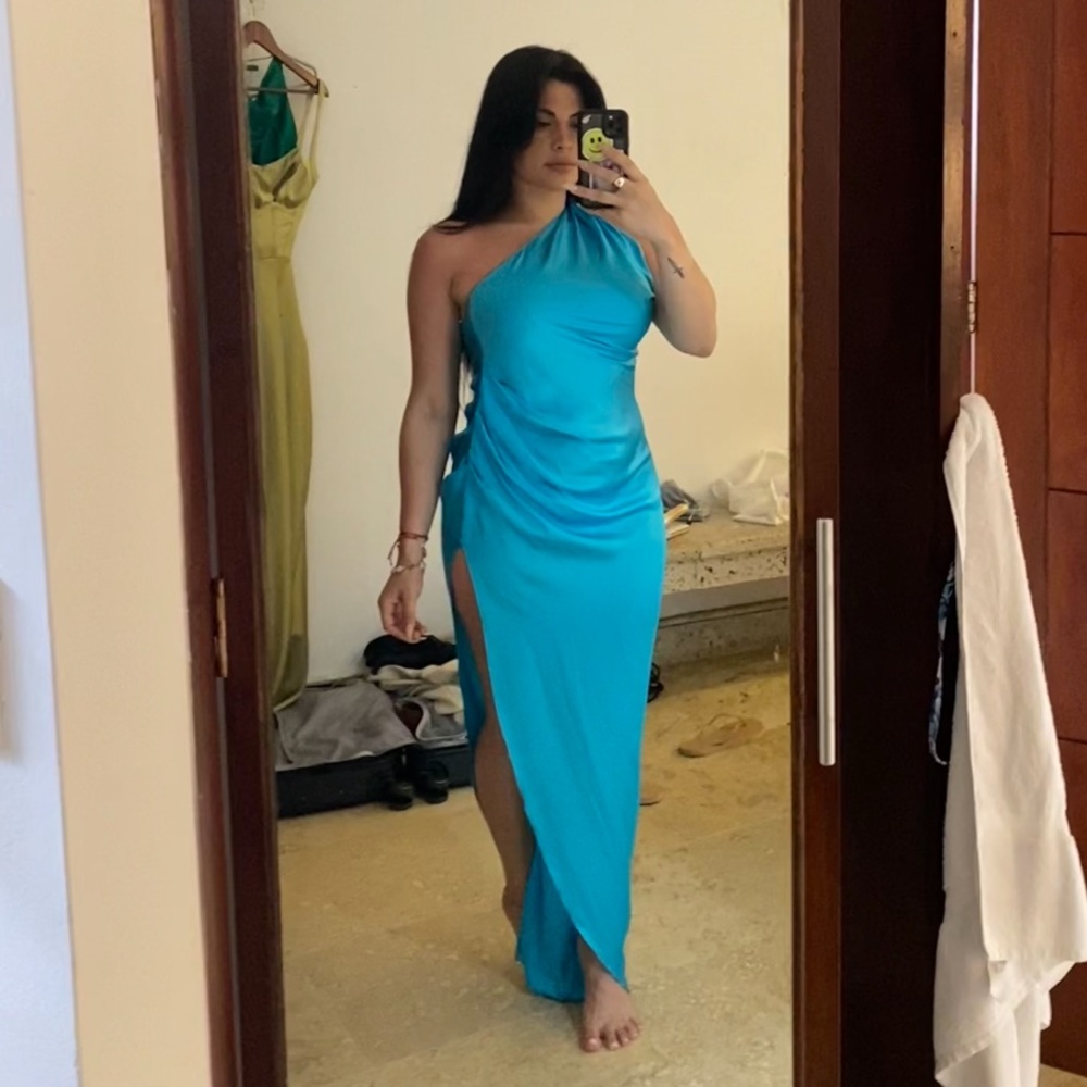 NWT! Aqua Half Shoulder Silk Gown - Saks Fifth Ave - S